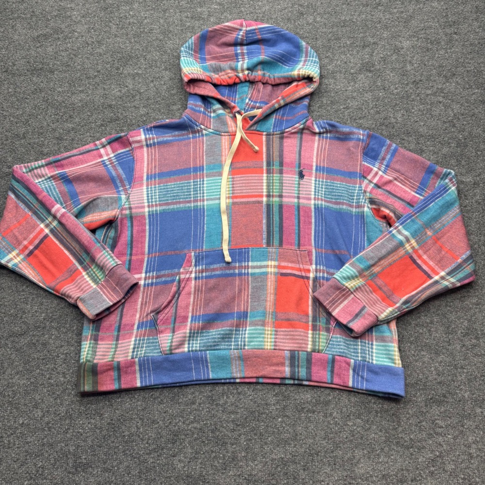 Polo Ralph Lauren Womens XL Plaid French Terry Hoodie Multi Color Pony Logo